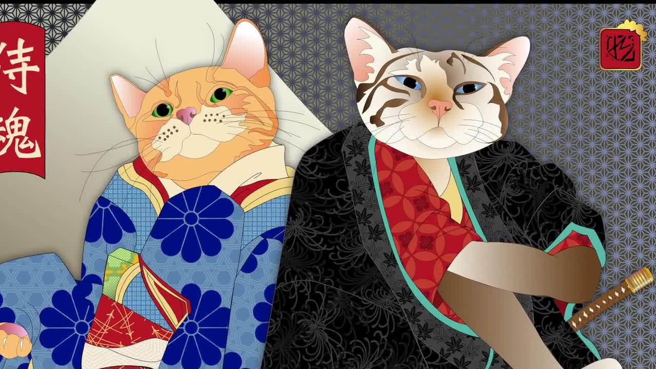 SAMURAI SPIRIT, Impresión artística en metal o giclée, Impresión de gato, Kimono japonés, Artista original, Monte Fuji, atigrado jengibre, gato de Bengala, ukiyo-e, orgullo 猫 video poster