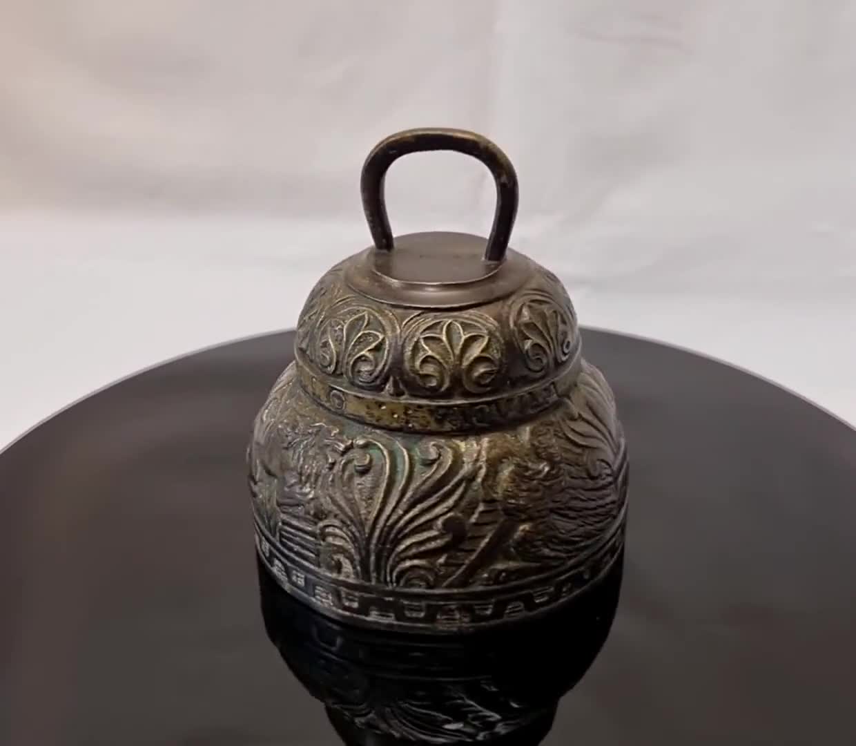 Vintage solid bronze heavy sanctuary church bell with religious decoration:  leo, pelicanus, aquila & agnus (lion, pelican, eagle, lamb).