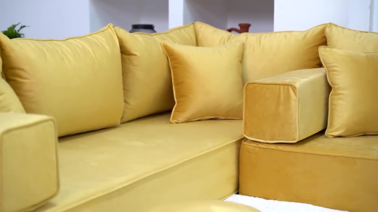 4 Zoll dickes Kissen in benutzerdefinierten Größen, L-förmige  Samtgelbboden-Sitzfläche, Samtbodencouch, japanisches Sofa, marokkanisches  Dekor, Zweisitzersofa - .de