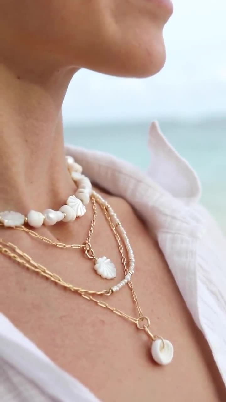 Oceans outlet of Love 24K Seashell Czech Pearl Choker, a Boho Necklace