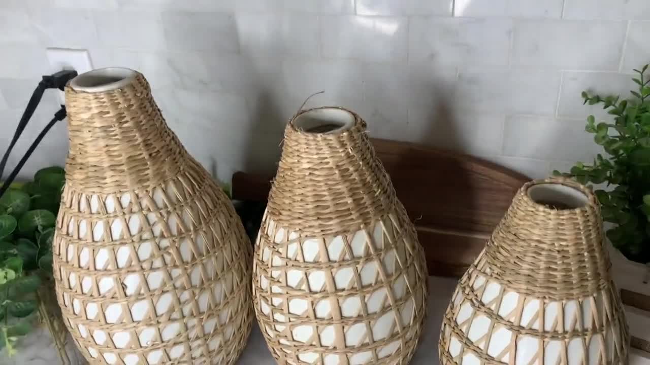 Set di vasi in alghe marine, vasi di bambù intrecciati, accenti decorativi  per la casa Boho, set di vasi neutri, decorazioni per cestini in alghe  marine con bambù, cottage chic 