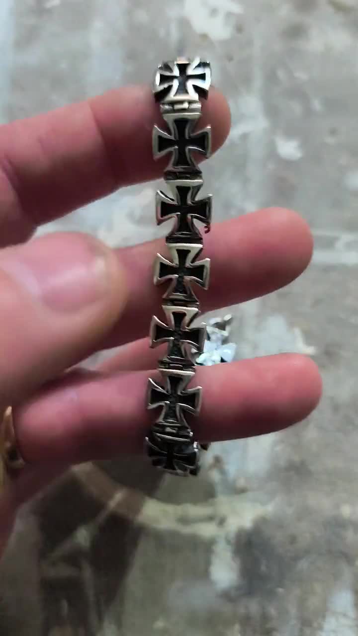 Sterling Silver Iron Cross Bracelet, Hinged Chain, Lobster Clasp