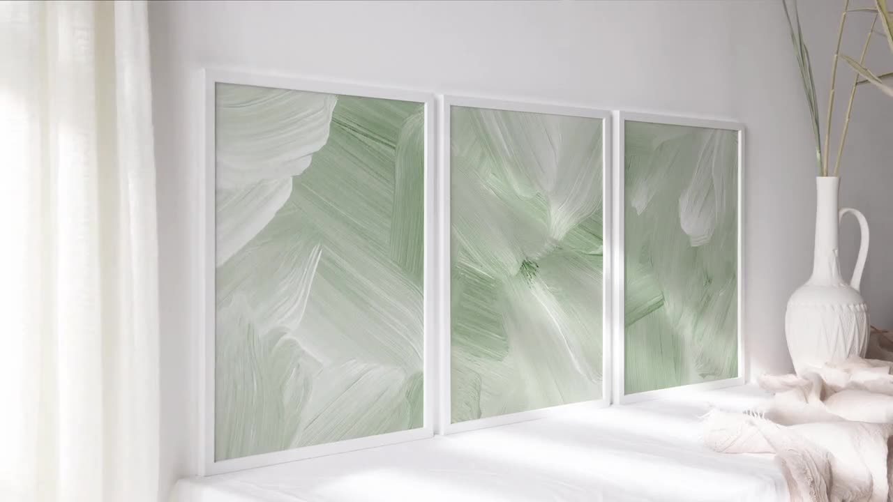 Set Di 3 Stampe Artistiche Su Tela Verde Salvia - Quadri Astratti Moderni Minimalisti 30x40 Cm Per Parete
