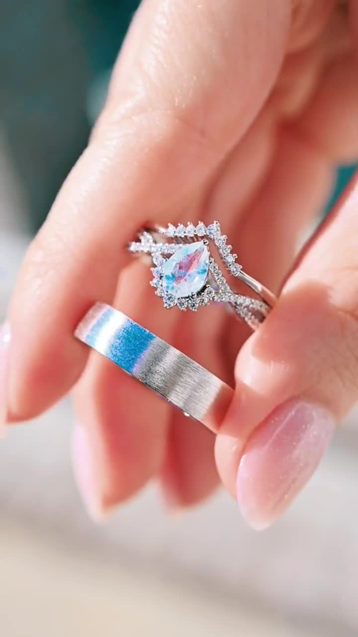 Natural Moonstone Couples Ring Set- His and Hers Wedding Bands