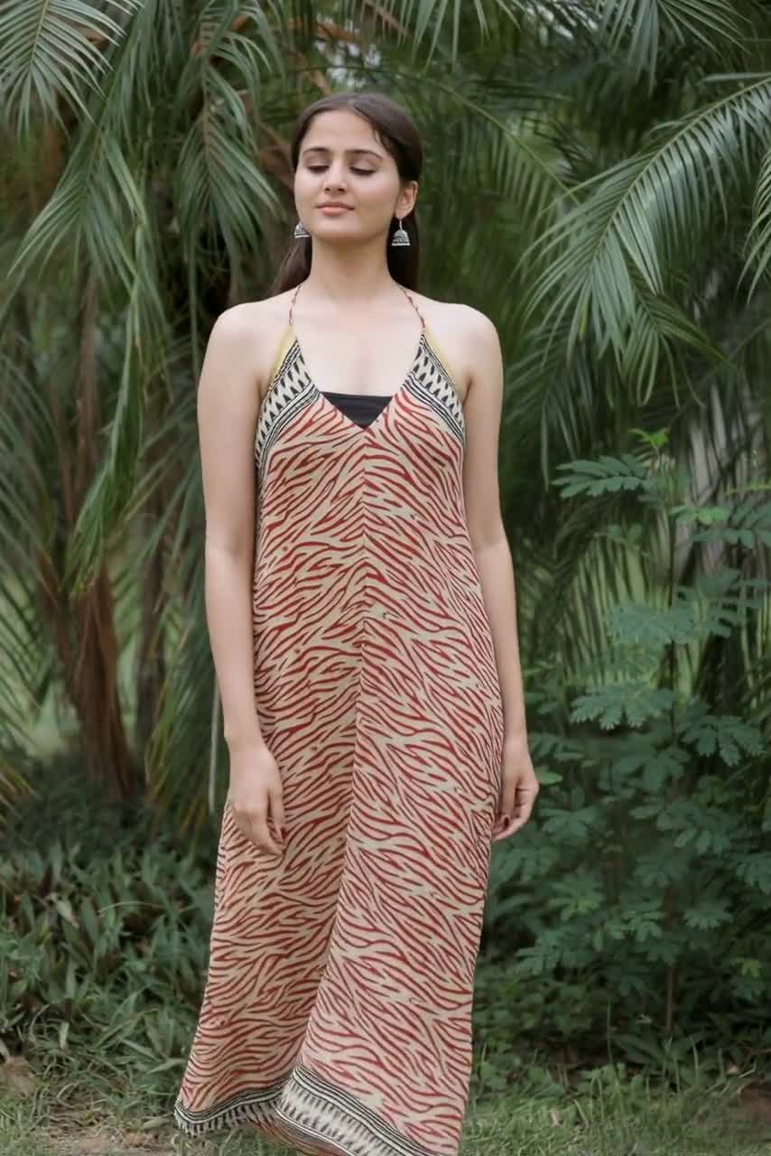 cotton halter dress sundress Blue Tropical Floral Cotton Maxi Dress - Halter Dresses