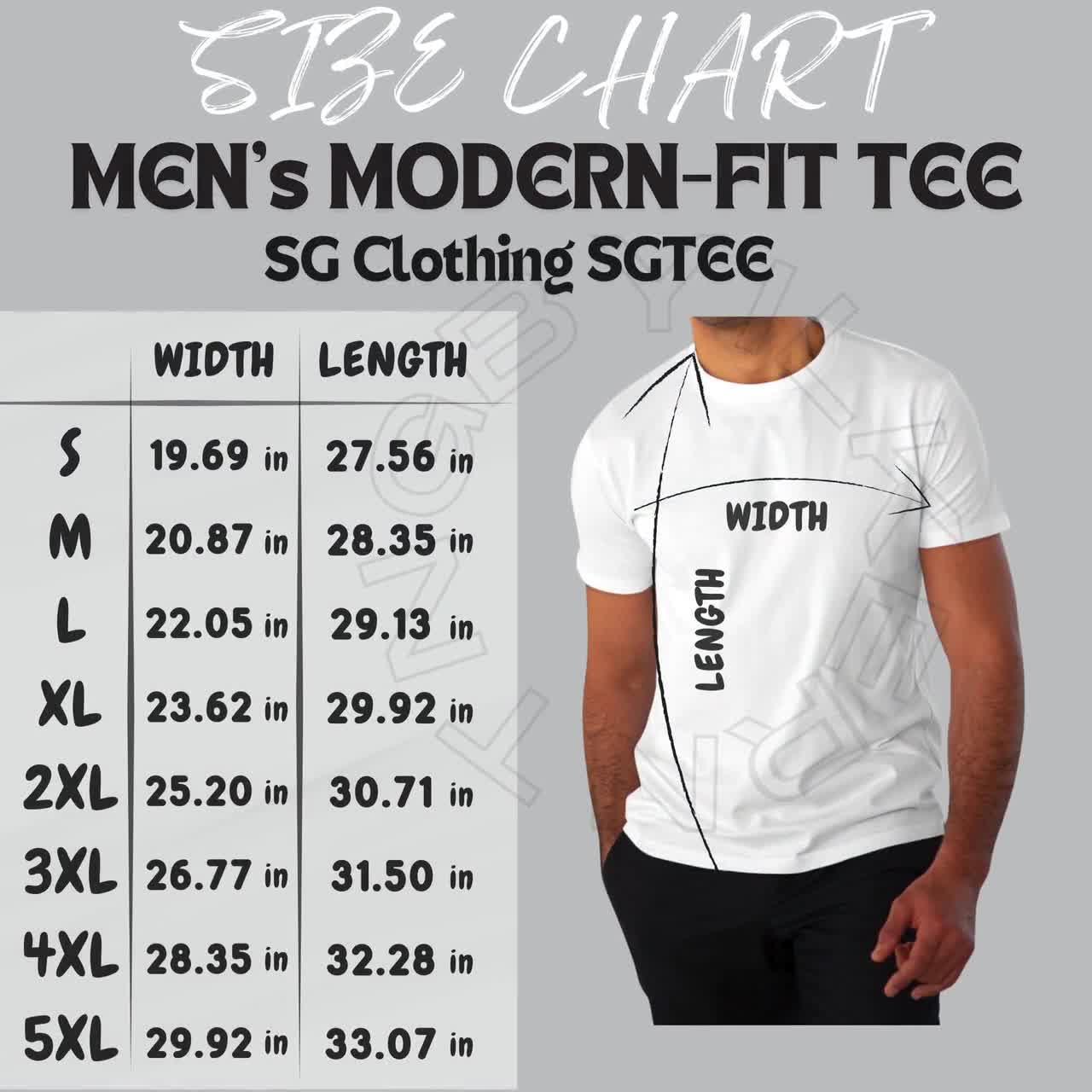 Men's Modern-fit Tee Size Chart | Size Chart for SG Clothing SGTEE