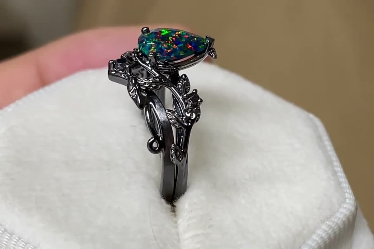 Black Gold Pear Shape Facet Black Opal Vine Engagement Ring