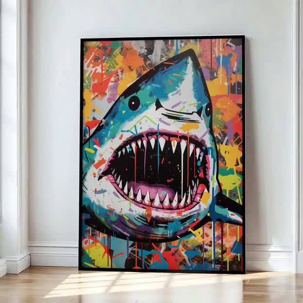 サメのグラフィティウォールアート、デジタル印刷可能、サメのアート