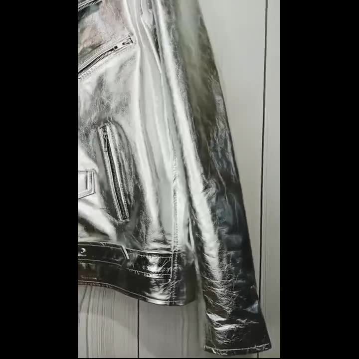 Metallic Silver Moto Jacket – Real Leather Shiny Biker Jacket for