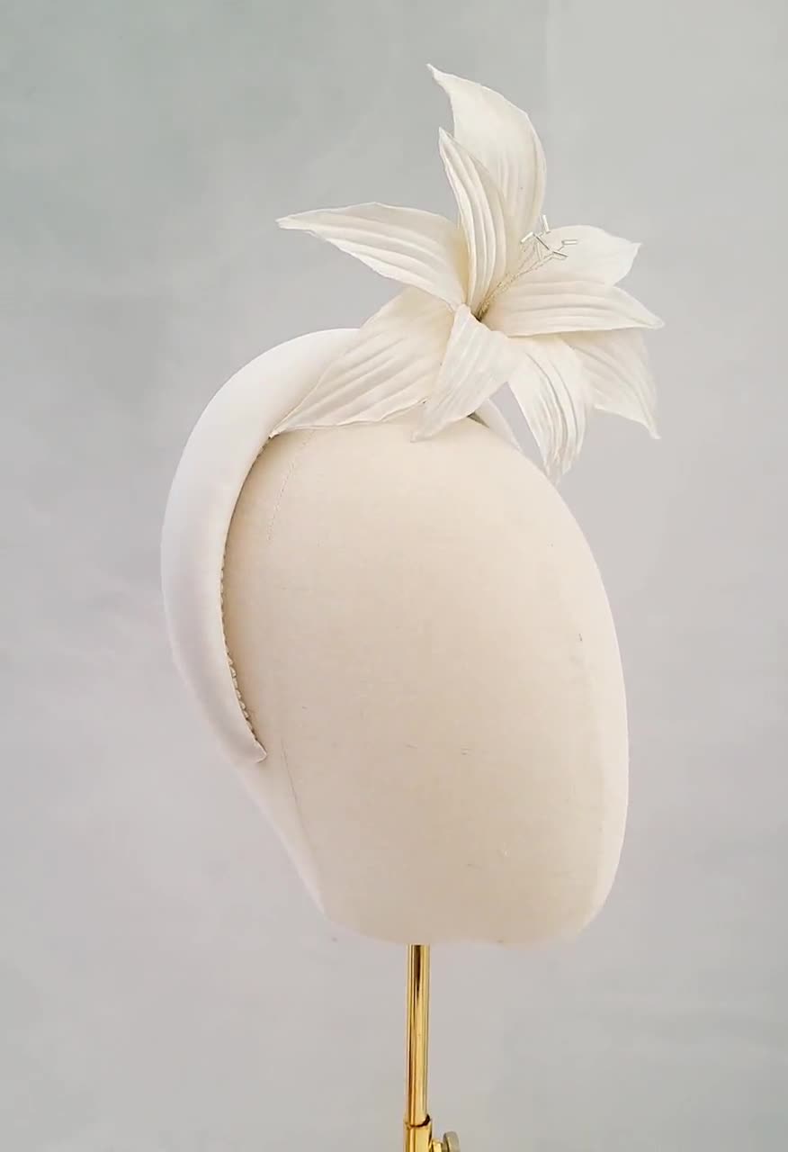 Bridal Ivory Silk Padded Headband, With Birdcage Chin Length Veil,  Detachable Veil, Fascinator, Duchess Satin Silk 