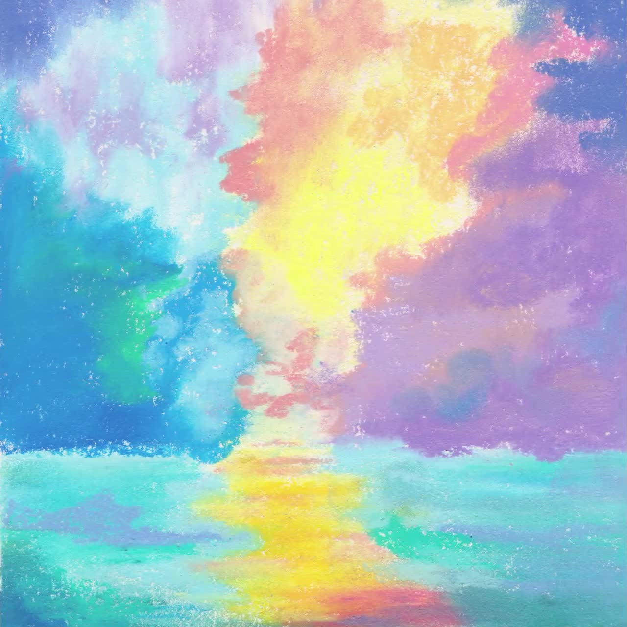 虹色の夕焼けオイルパステルアートプリント：カラフルな風景（デジタル