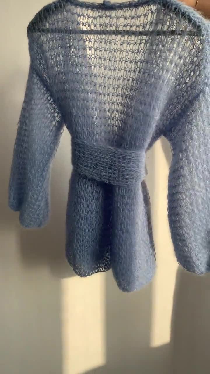 Sky Blue Mohair Cardigan Cropped Fluffy Cardigan Soft Belted