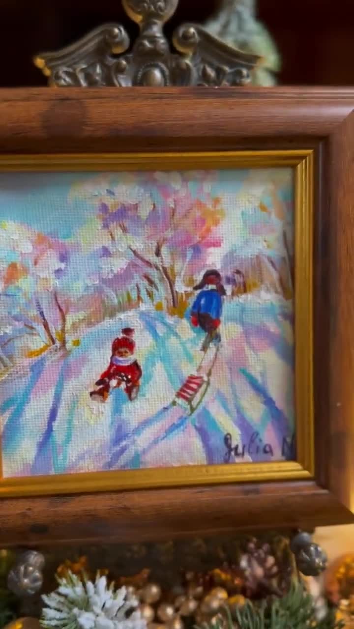 Children on Sled – Winter Christmas Miniature Oil Painting 10x10 cm – Snowy Landscape Art – Framed or Unframed – Cozy Childhood Memory video poster