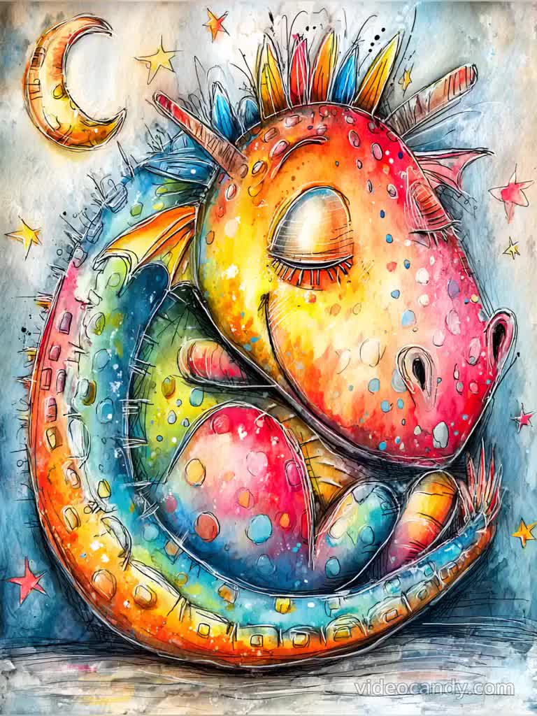 虹色のドラゴン、夢のような夜、眠っているドラゴン、月と星