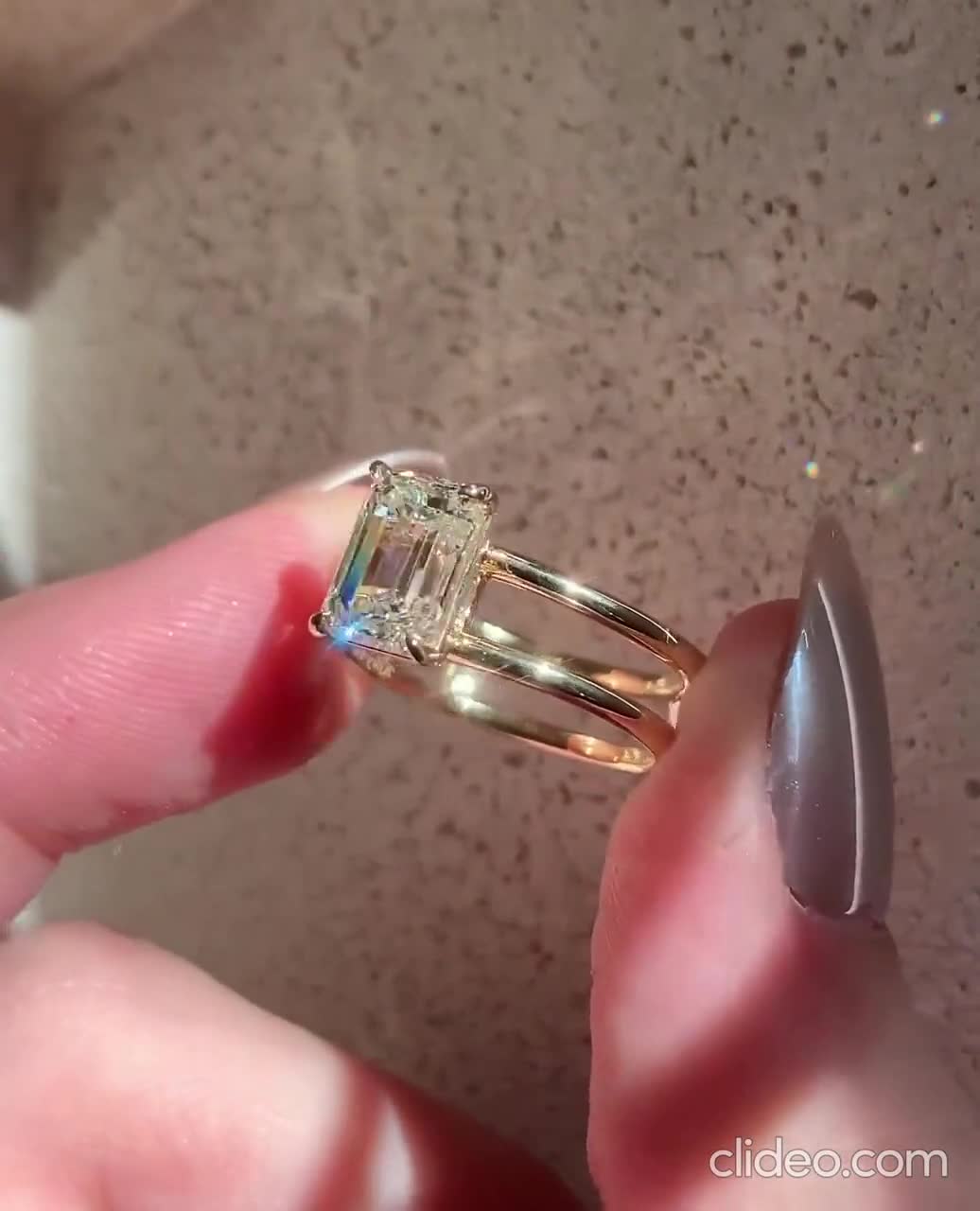 Emerald Diamond Ring, Emerald Cut Diamond Double Band Ring, 10k