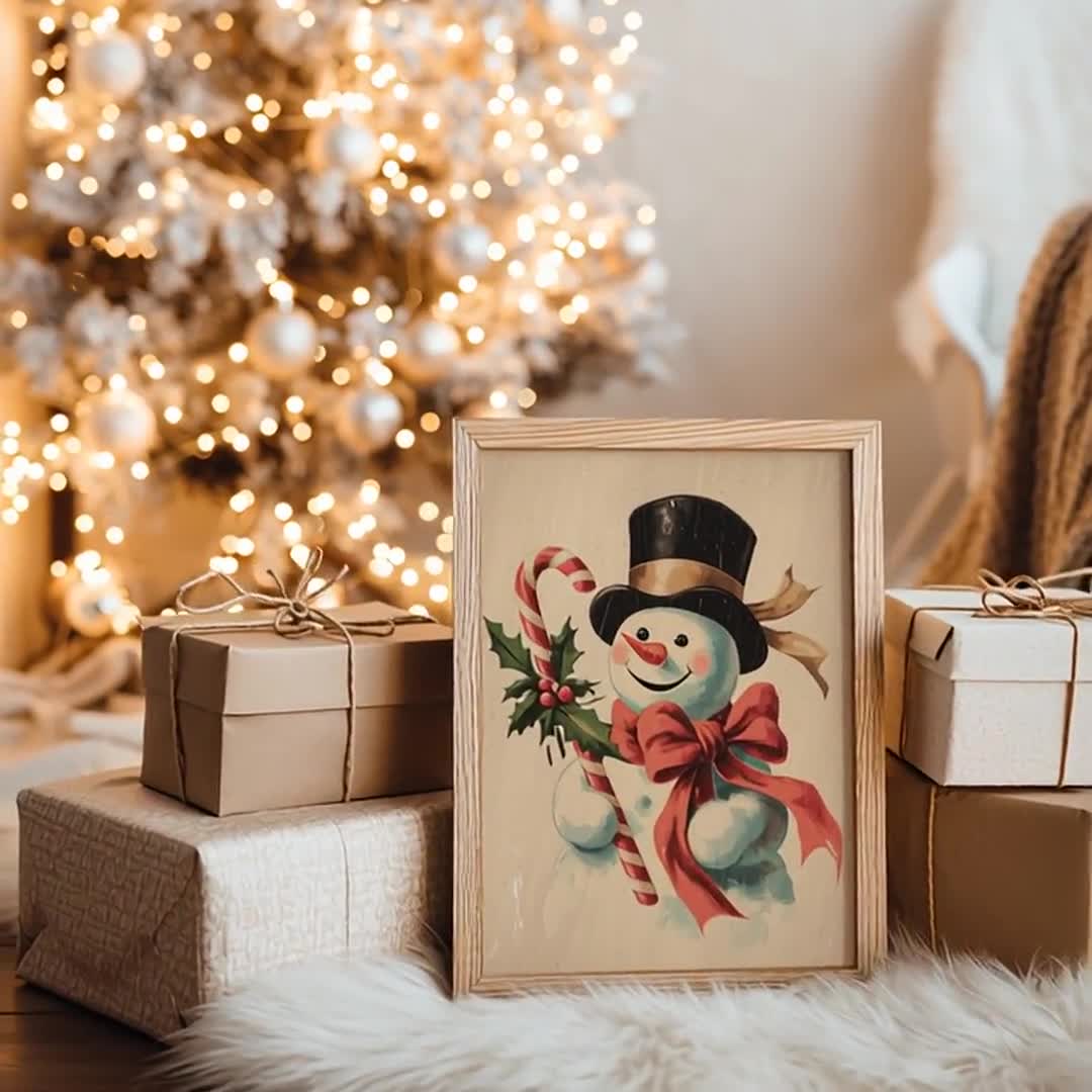 ヴィンテージスノーマンクリスマスプリント、レトロなホリデーウォール