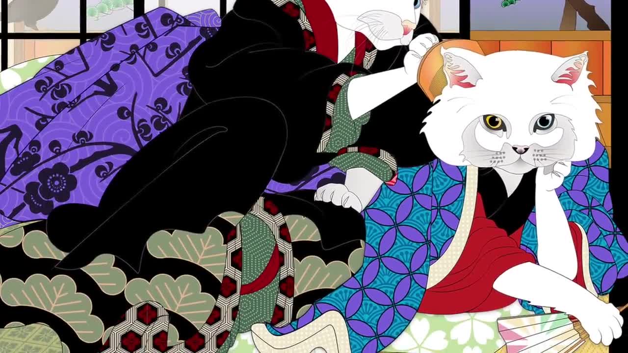 So At Home Together, impresión artística en metal o giclée, impresión de gato, cultura japonesa, arte original, pelo largo, gato blanco, gato persa, ukiyoe, puesta de sol video poster