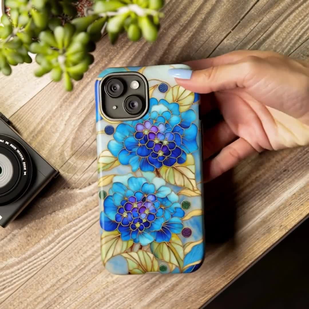 Stained Glass Blue Hydrangea Phone Case Floral Art iPhone Samsung Cover  Sapphire Botanical Design