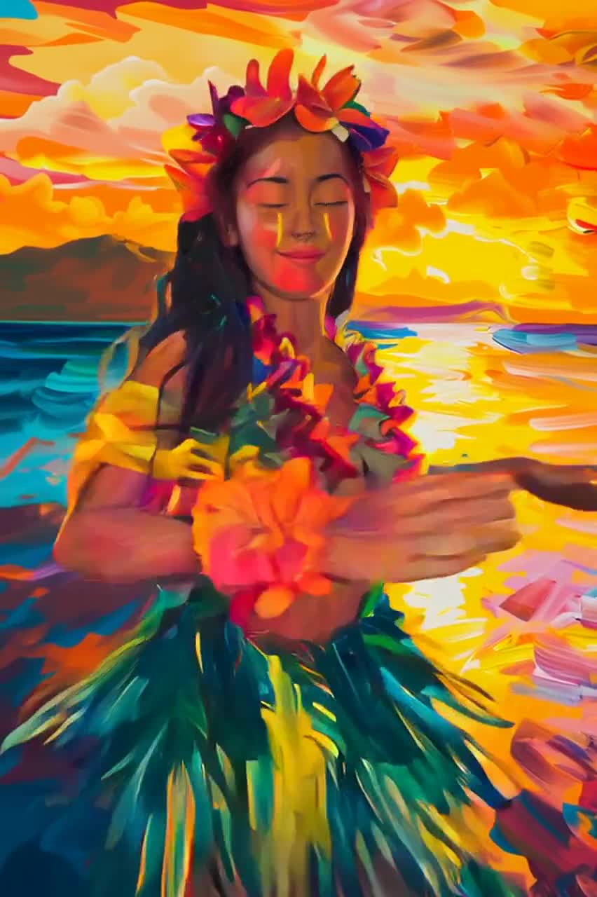 ハワイアンフラダンサーのアートプリント：鮮やかなトロピカルな壁飾り