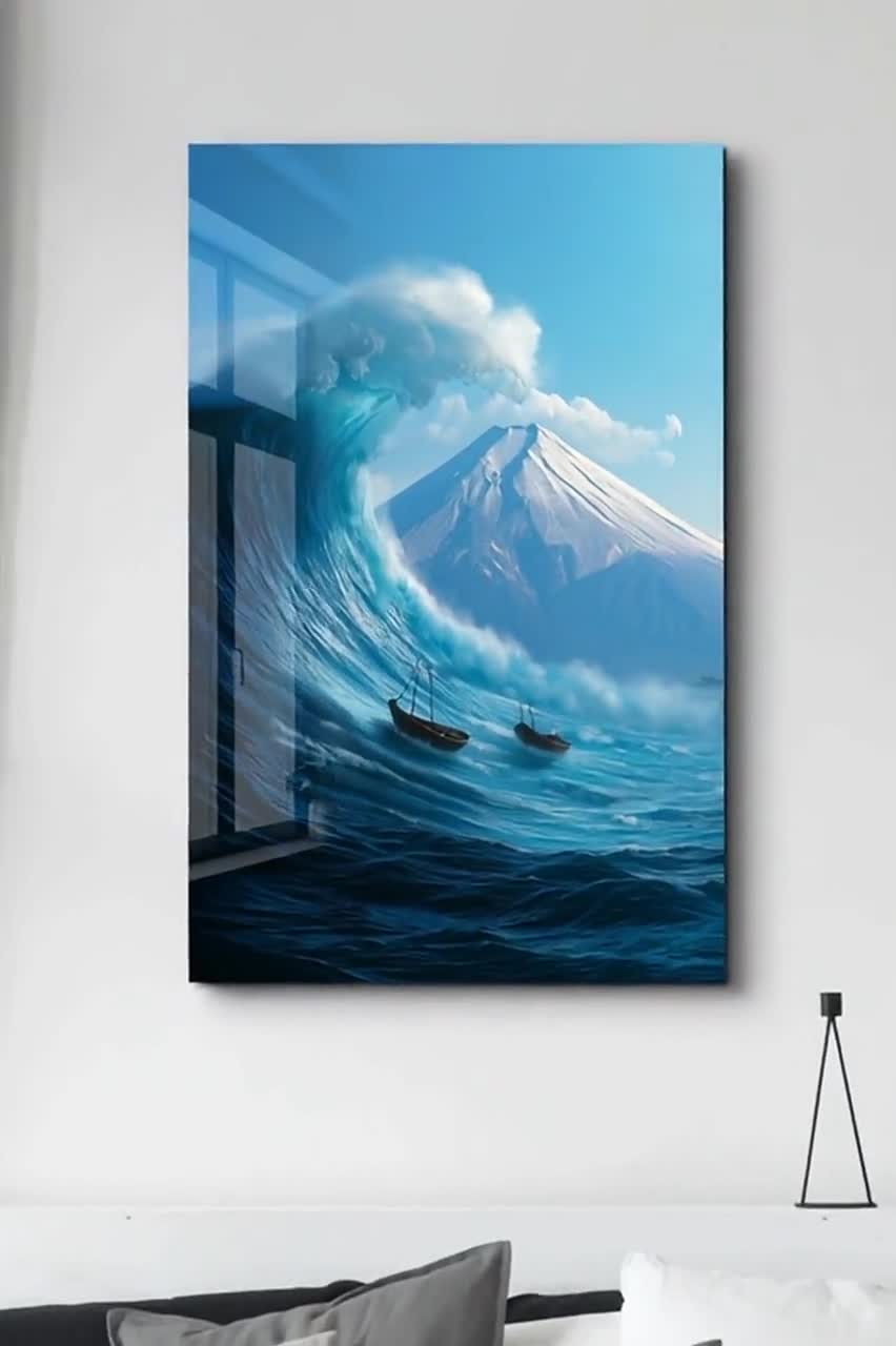 津波と富士山の強化ガラス製ウォールアート：抽象的な海と山の風景