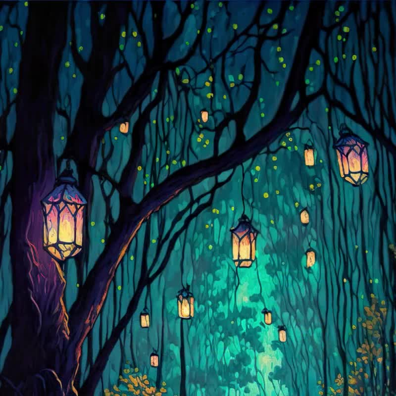 Spiritual Mystical Forest Lanterns Wall Art Print on Canvas Fantasy Decor  Kids