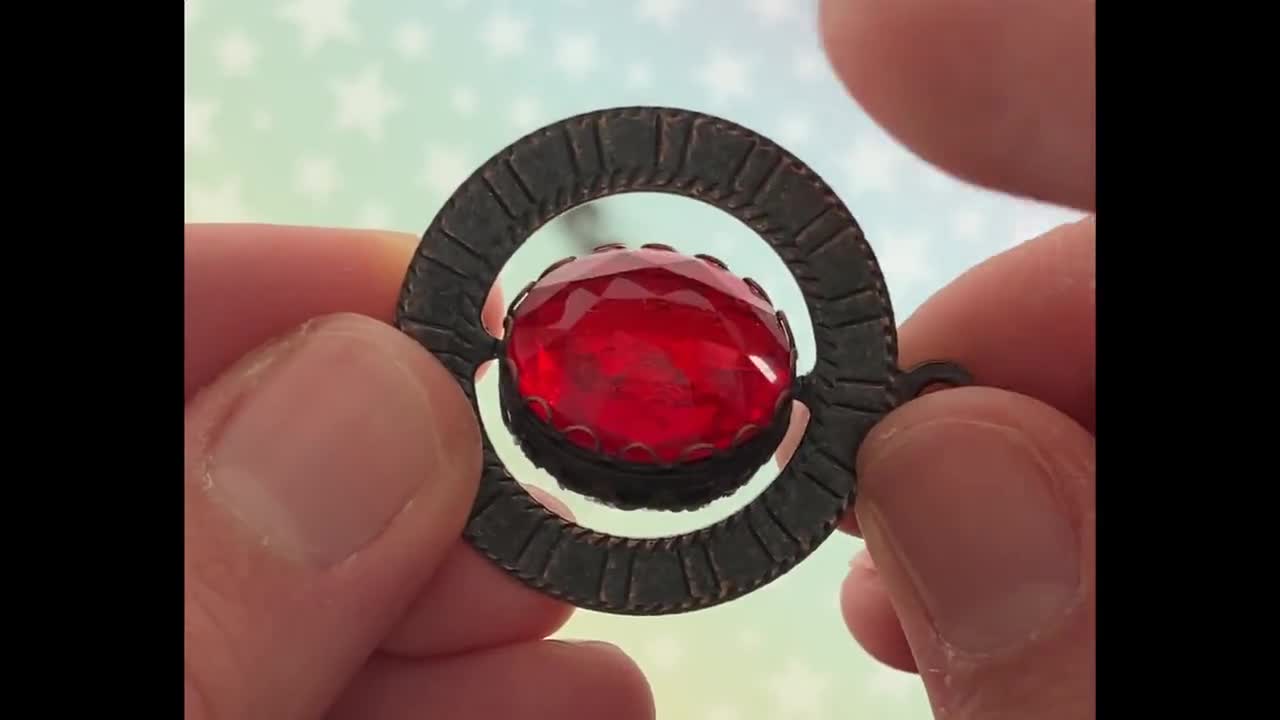 Spinner Pendant Necklace - Dark Gunmetal, Red & Black Gems