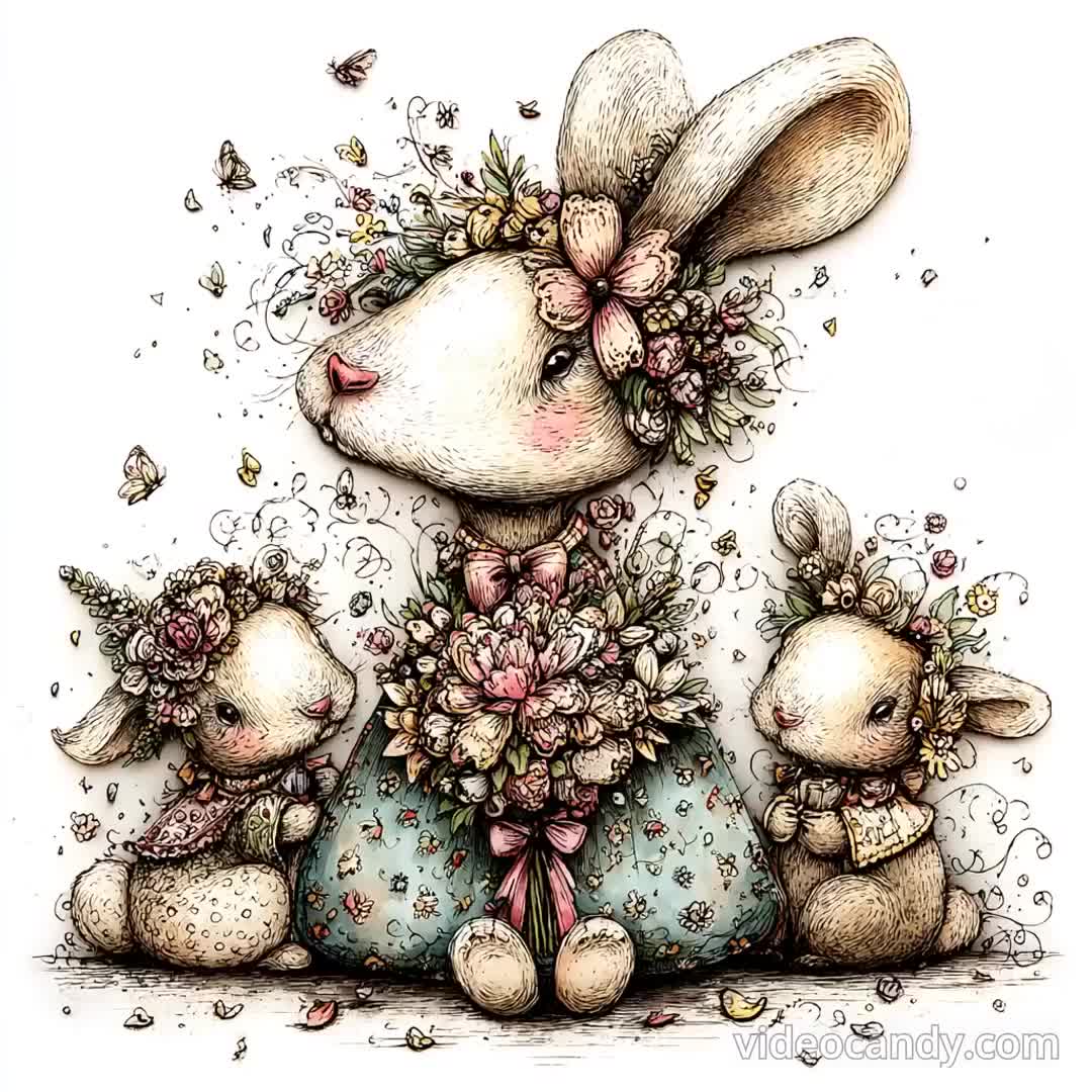 Whimsical Spring Bunny PNG Set, Floral Rabbit Clipart, Pastel