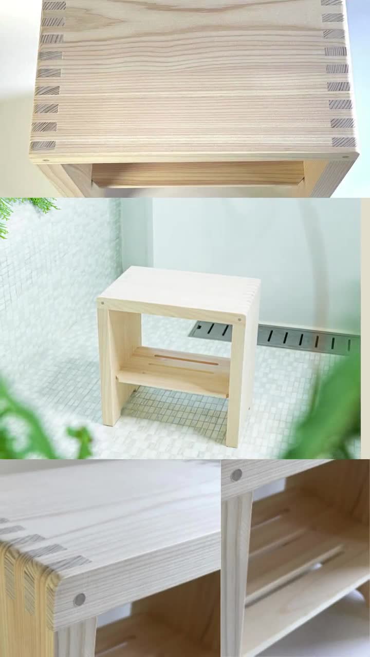Taburete de baño de ciprés hinoki con práctico cubo, juego de spa japonés de madera. video poster