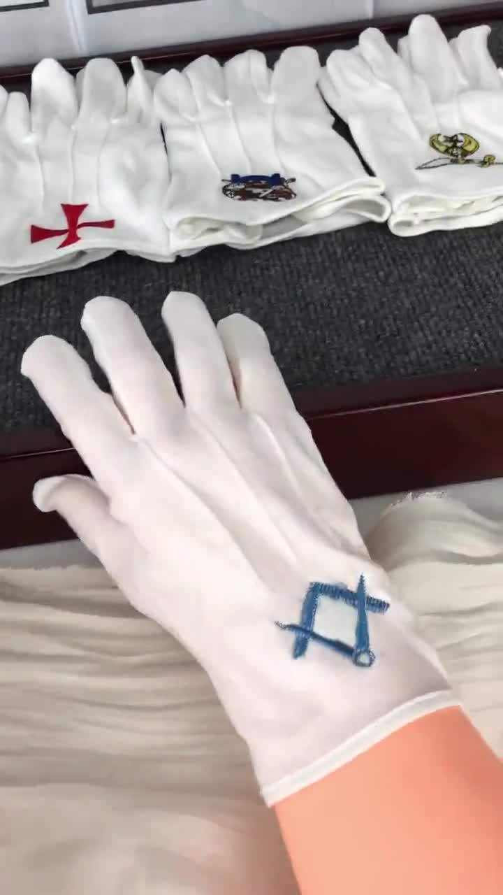 Guanti Massonici In Cotone Bianco - Ricamo Square & Compass Blu - Foto 4