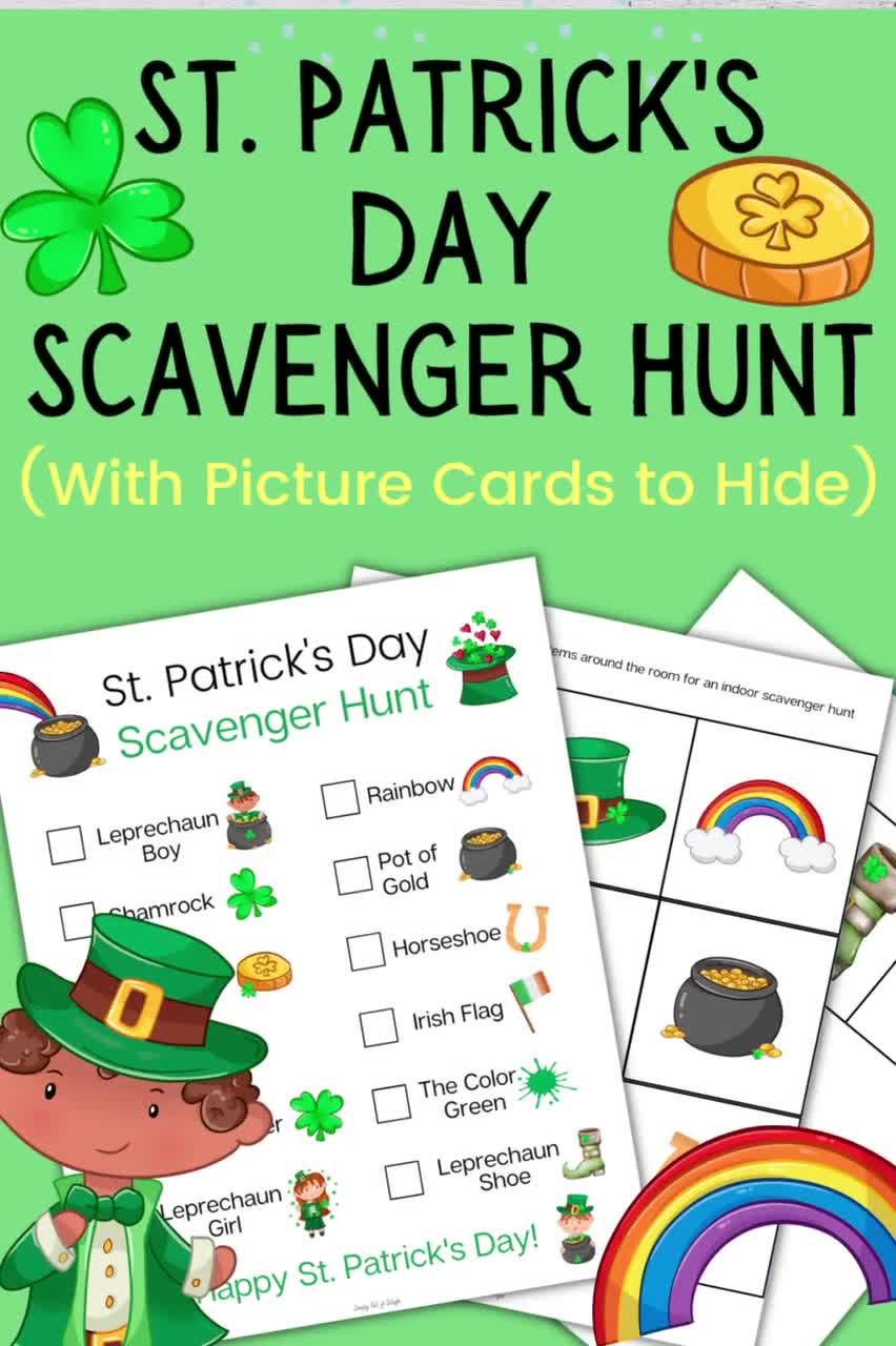 St. Patrick s Day Scavenger Hunt with Picture Cards to Hide Saint Patricks Scavenger Hunt Printable for Kids St Patricks Game for Kids