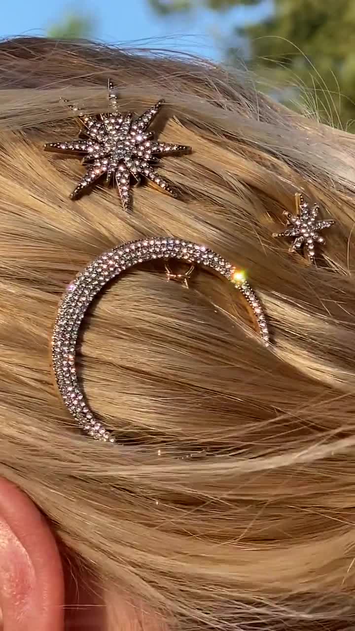 Celestial Hair Clips, Moon and 2 Stars, Silver or Gold Diamante Bling, Boho  Wedding Bride Bridesmaids or surprise gift, gifts for her, Boxed