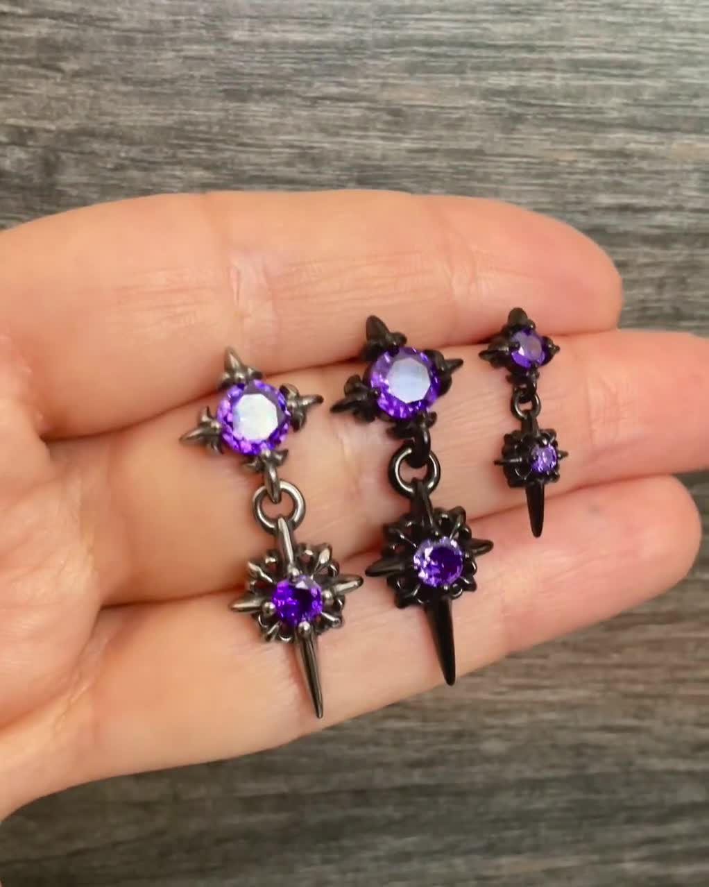 Starburst Earrings With Purple CZ, Star Earrings, Gothic