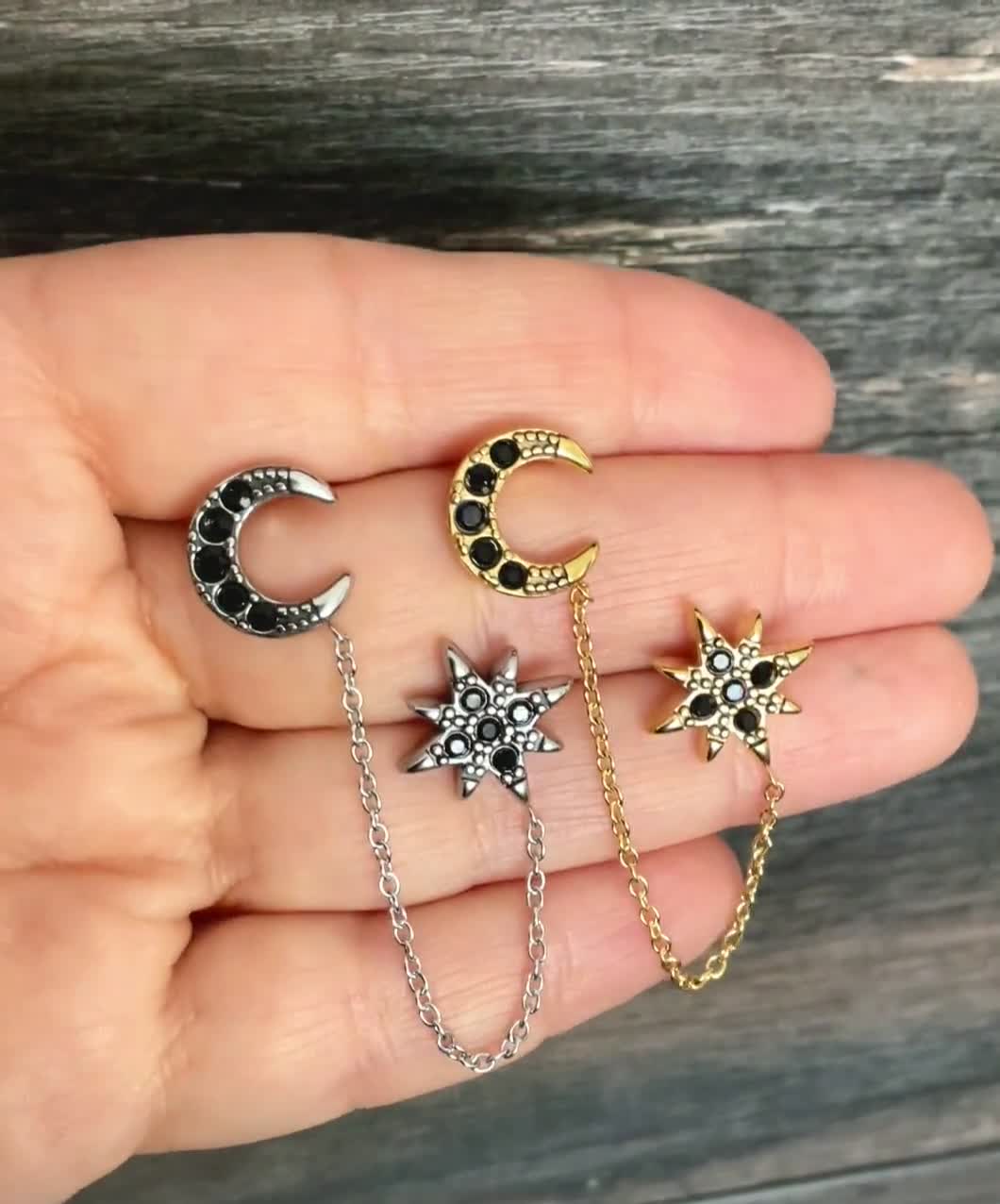 【VINTAGE HOLLYWOOD】Luna Glint Earrings_VH2479EA008M~ピアス Star and Moon Double Piercing Earring,starburst Earring