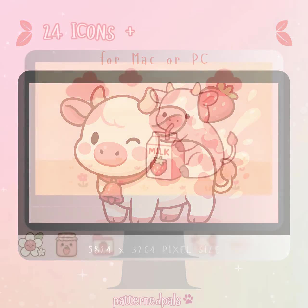 Desktop Wallpaper Organizer Set Featuring Kawaii Strawberry Cow
