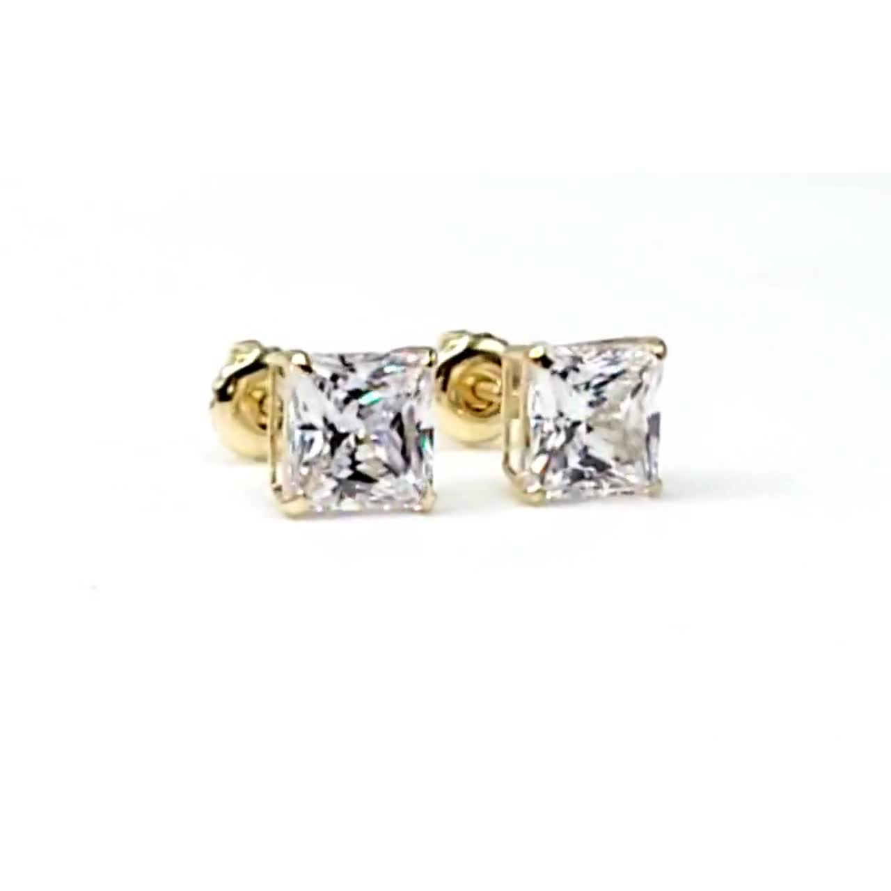 1.60 Ct Princess Cut Moissanite Stud Earrings | 14K Solid Yellow Gold, Screw Back