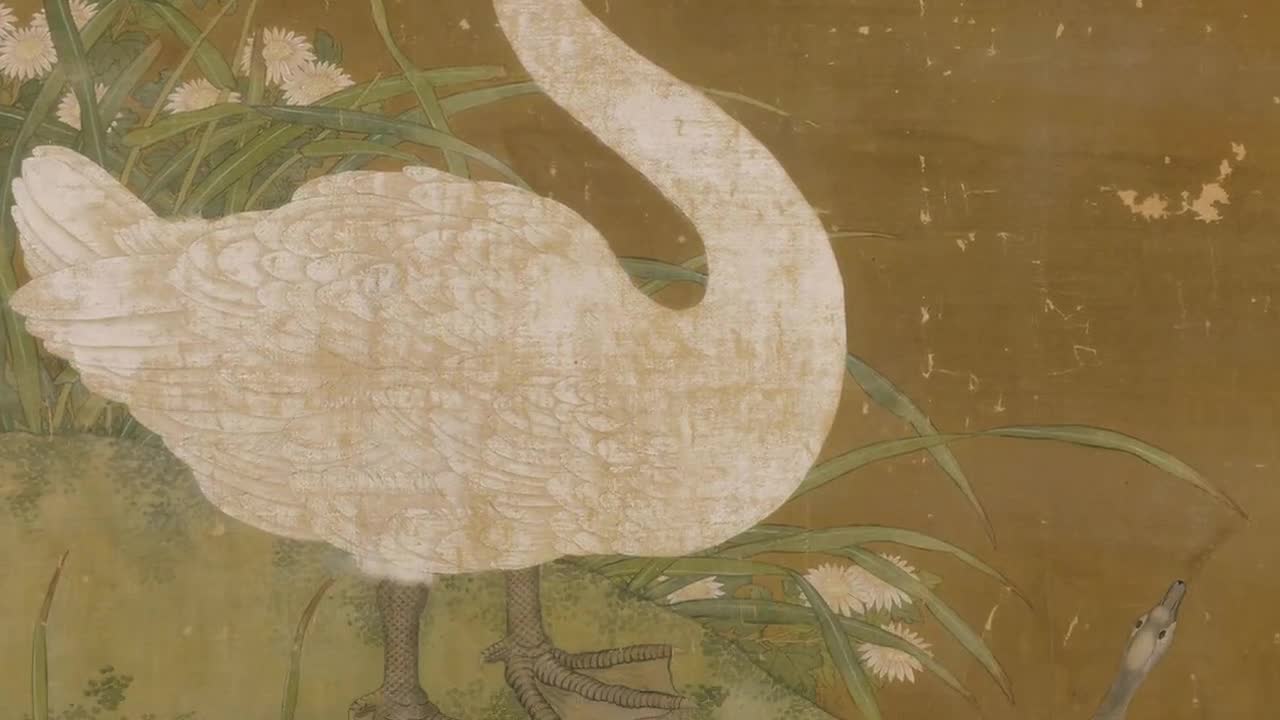 白鳥のプリント2枚セット、白鳥アート、ヴィンテージのシノワズリ風