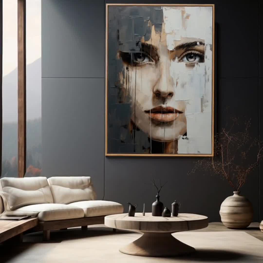 Abstract Woman Face Art Print: Beige & Black Tones (digital