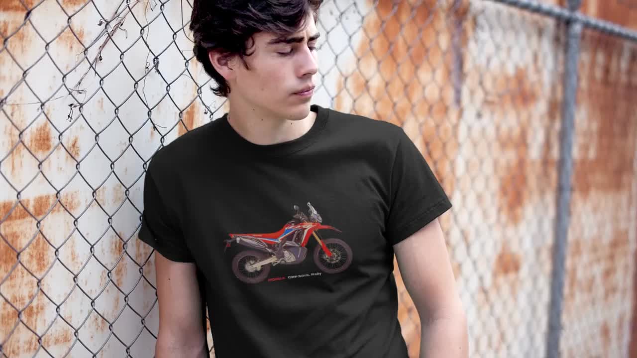 Tシャツ・カットソー HONDA MOTORCYCLE CRF 300L Modeling Short Sleeve Black HONDA CRF300L Rally Motorcycle T-shirt With Technical