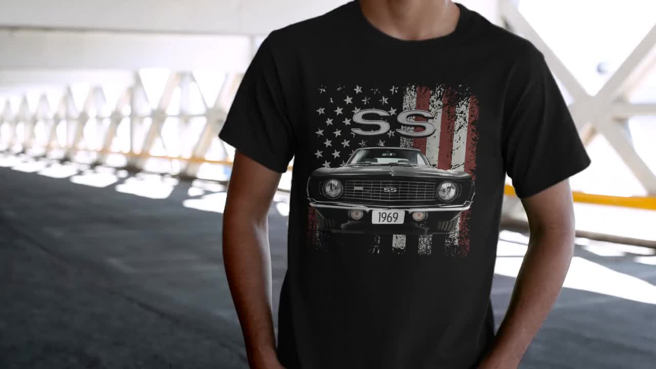 1969 Chevy Camaro SS Muscle Car T-Shirt - Patriotic American Flag Design, Unisex Long Sleeve, Black - View #2