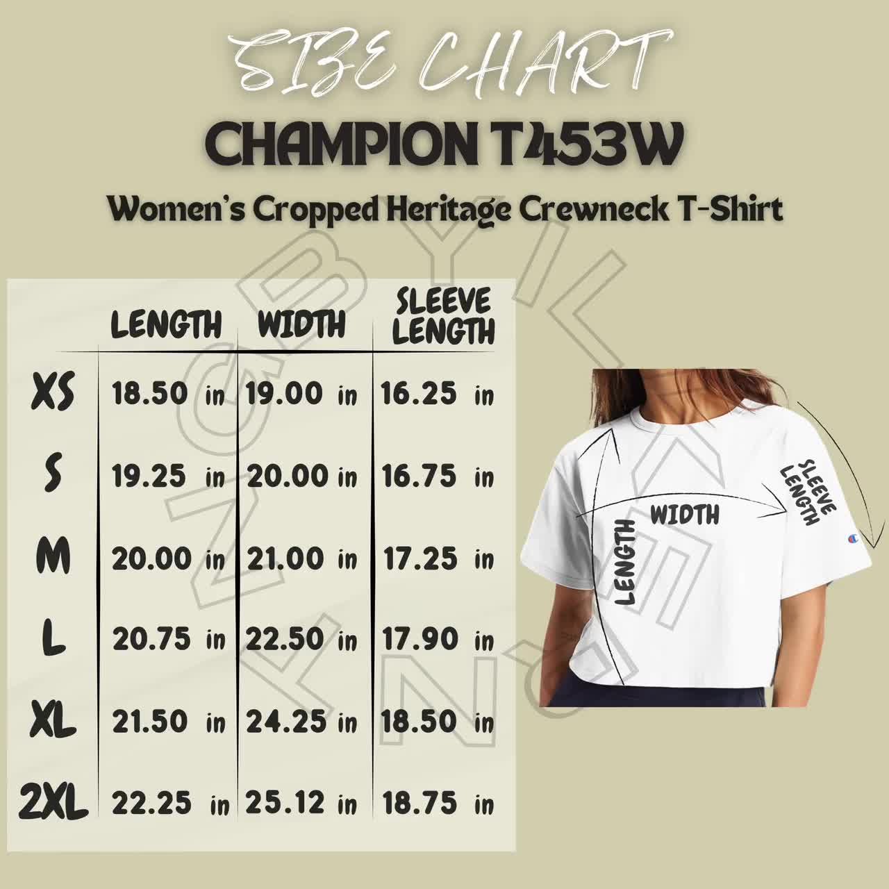 Champion T453W Size Chart Size Chart For Women's Cropped Heritage  Crewneck T-Shirt Champion T453W Mockup size chart T-shirt size chart
