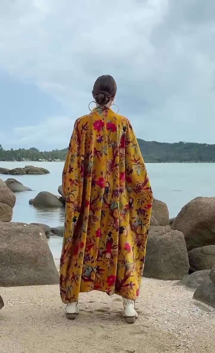 Plus Size Velvet Kimono Duster – Golden Sunbird Floral Boho Coat