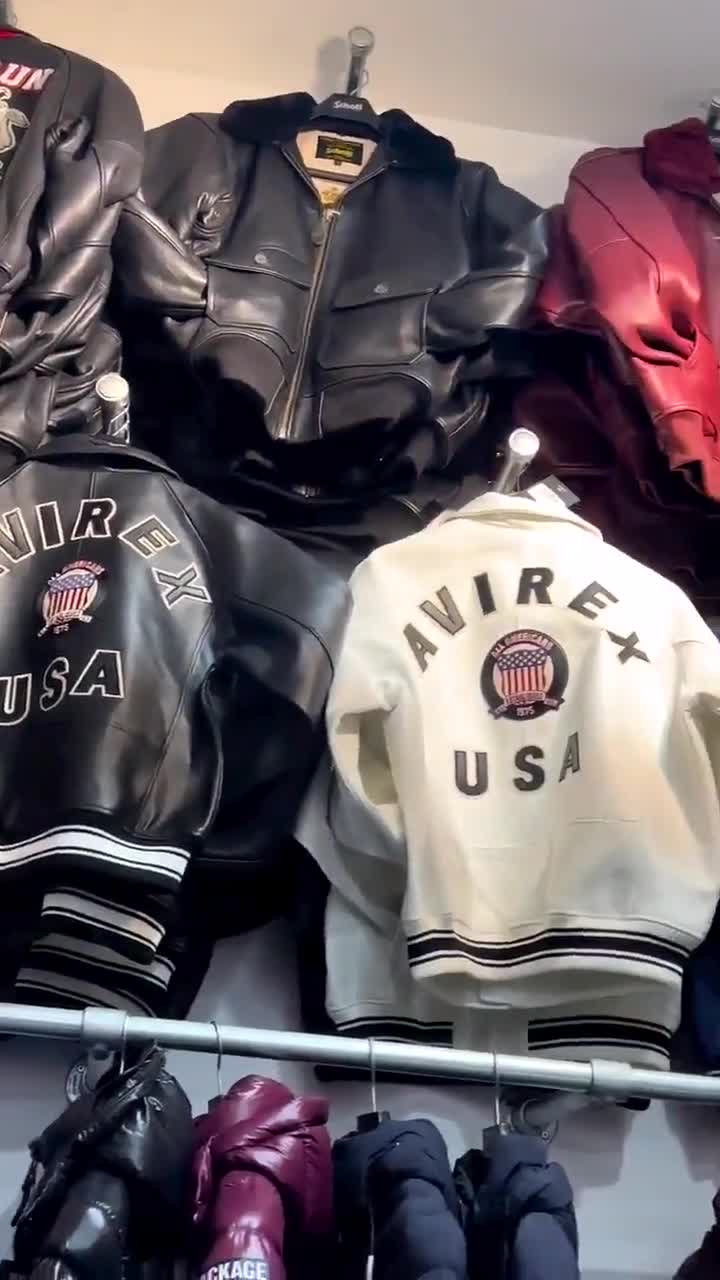 Avirex USA Leather Bomber Jacket – Vintage Tan Genuine Leather Varsity Jacket – Classic American Streetwear Coat video poster
