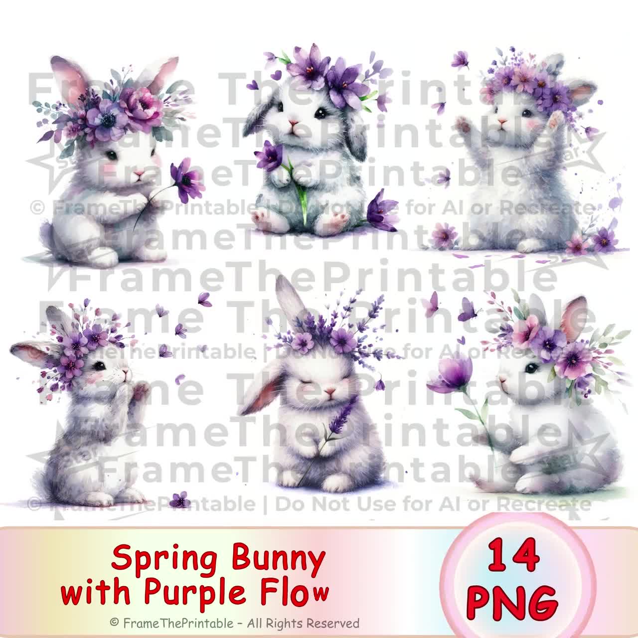 春のうさぎと紫の花の水彩画クリップアート かわいいうさぎの花のPNG