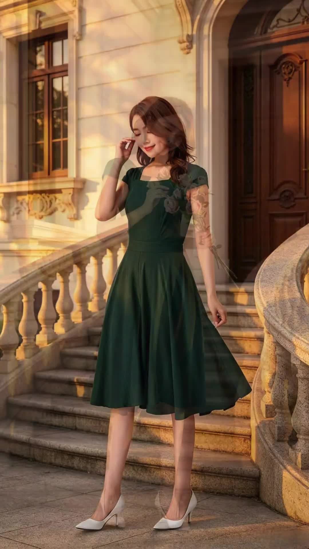 green 1950s dress Elizabeth Taylor Classic 1950's Evening This cap sleeves dress is made with knee length and pleating details   1950's Spring Green