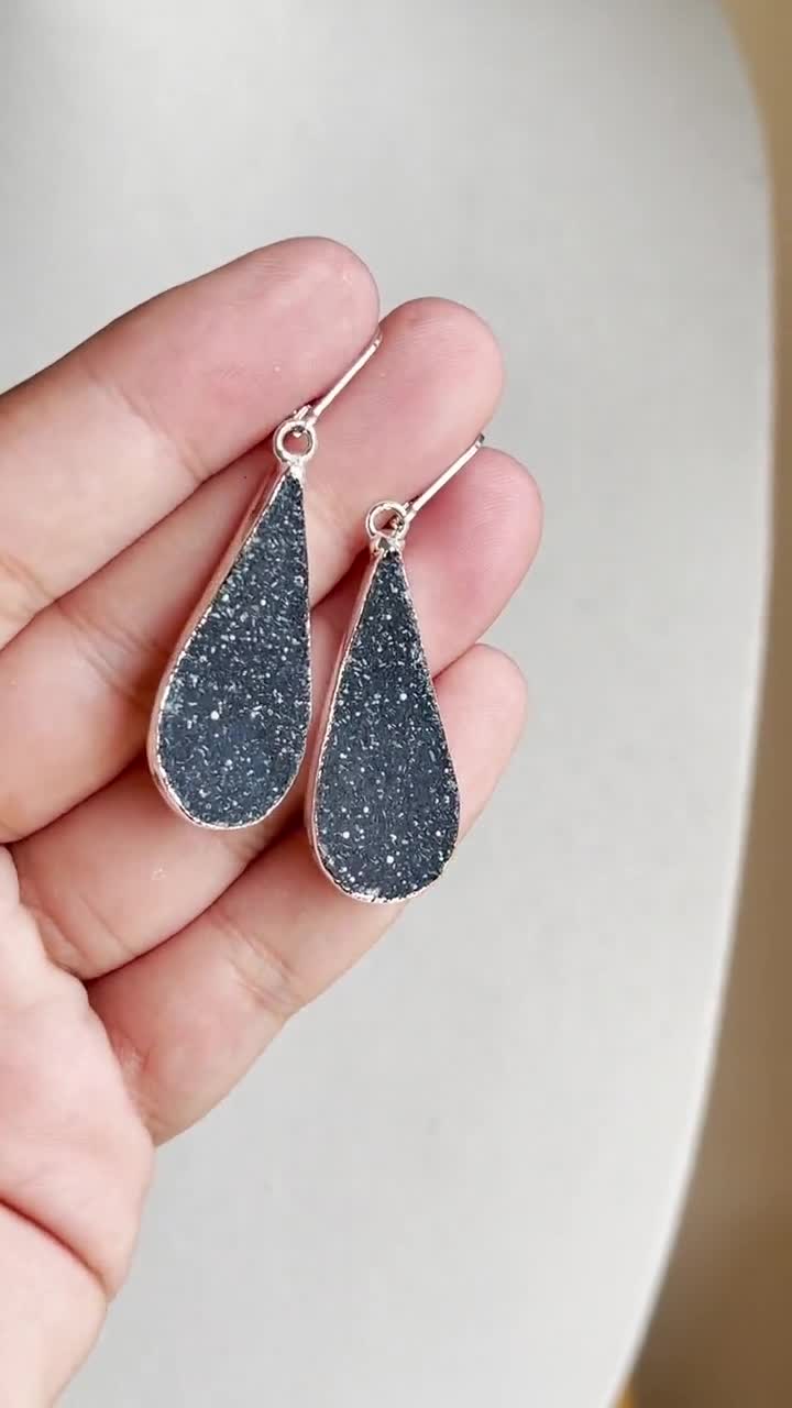 Black Druzy Earrings, Elongated Teardrop Earrings in Gold or Silver,  Elegant Boho Sparkly Gray Drops, Mineral Geode Jewelry Gift for Her 