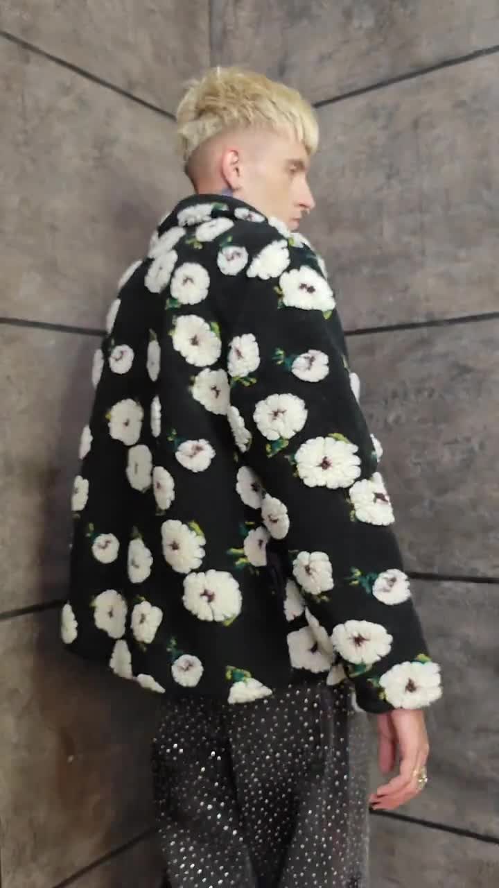 Floral Fleece Jacket, Flower Patchwork Coat, Retro Sherpa Trench