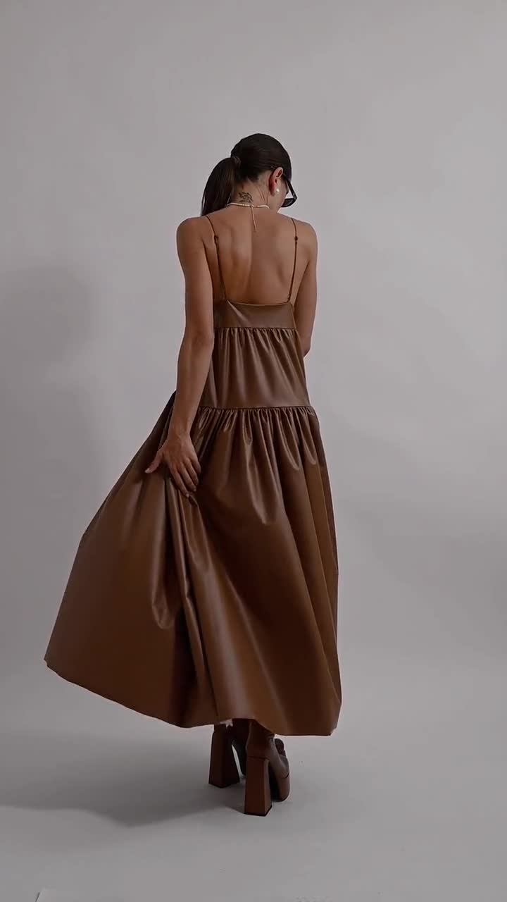 Caramel Brown Dress | Vegan Leather Full Skirt Strapless Handmade Dress  Women Long Clothing Apparel Event Fashion Bold Elegant Faux Leather