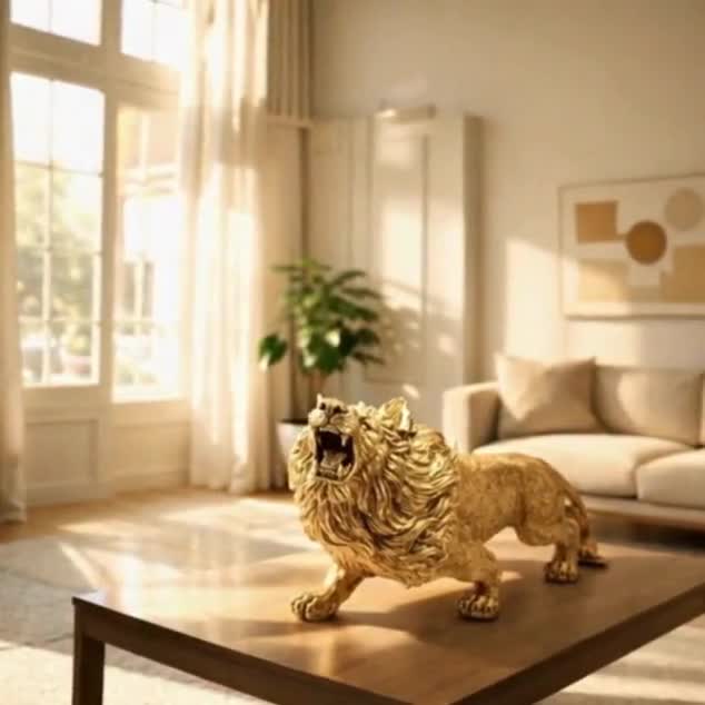 Majestic Gold Roaring Lion Statue 13 Inch Resin Sculpture, Strong