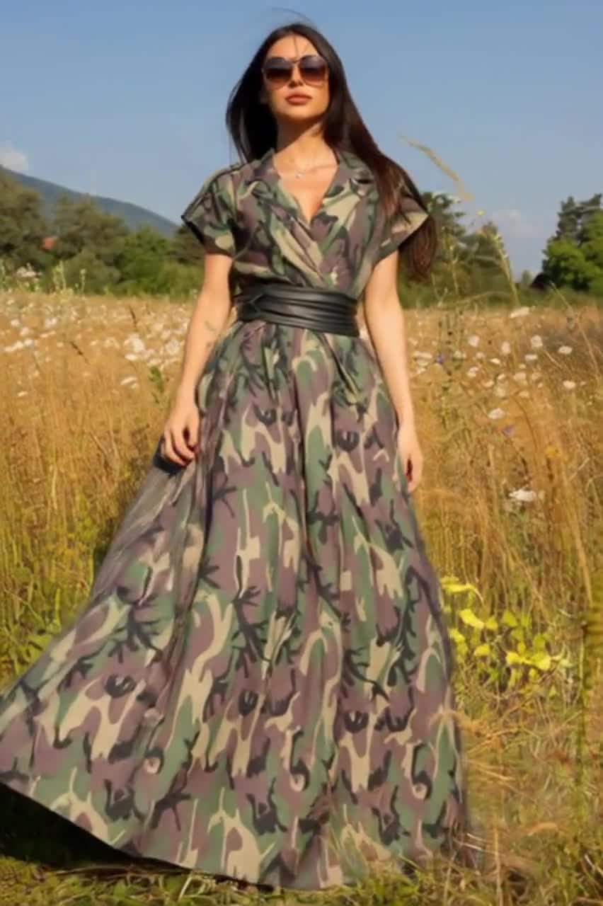 camouflage long dress Delia's Stretchy Camo Mesh Lettuce Trim Maxi Dress main image 1