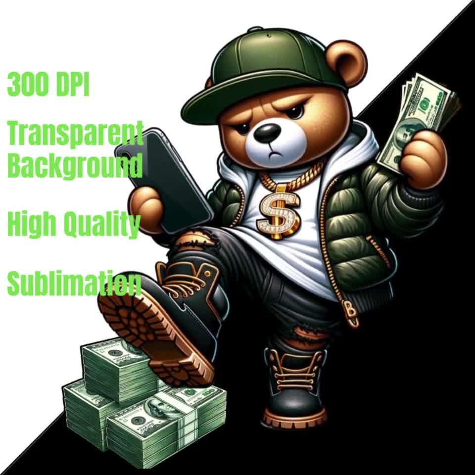 Hip Hop Teddy Bear Graffiti Cartoon - Money Bear Digital Download PNG, JPEG  - Olive Puffer - Ideal for T-Shirts Hoodies and More